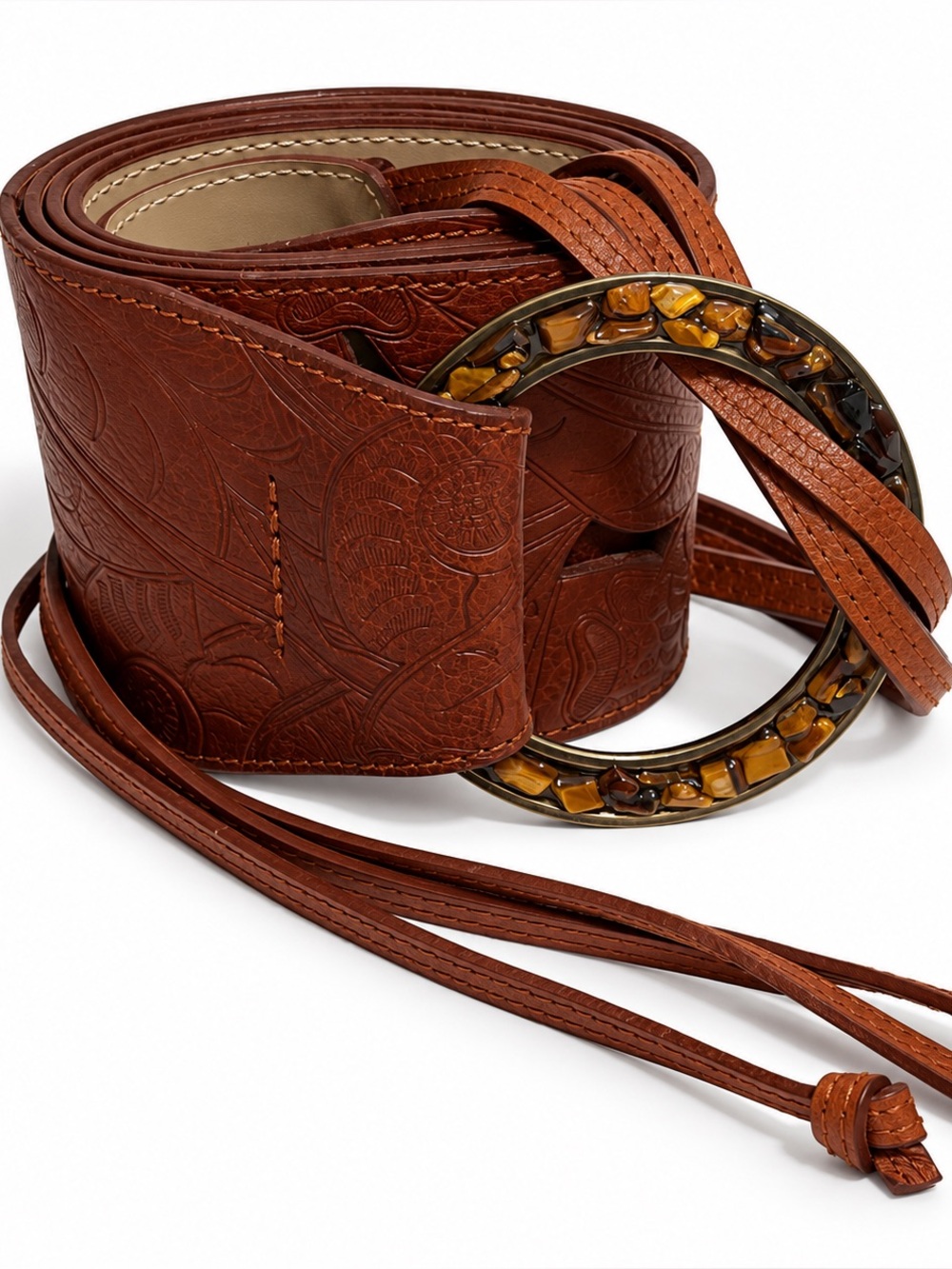 Tooled Leather Belt XL Brown Floral Cutout Ring Buckle Tie Waist Festival Boho